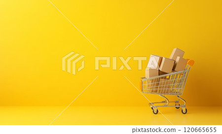Miniature shopping cart full of cardboard boxes is standing on yellow background representing online shopping, e commerce and delivery Miniature shopping cart full of cardboard boxes is standing on yellow background representing online shopping, e commerce and delivery 120665655