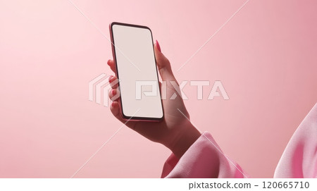 Woman wearing pink shirt is holding smartphone with blank white screen on pink background, perfect for showcasing mobile app or website design Woman wearing pink shirt is holding smartphone with blank white screen on pink background, perfect for showcasing mobile app or website design 120665710