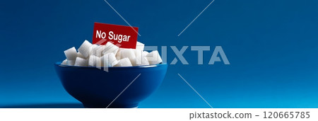 White sugar cubes overflowing a blue bowl with a red sign denying the presence of sugar, promoting sugar reduction and a sugar free lifestyle for better health 120665785