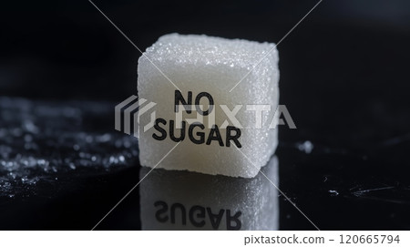 Single sugar cube with no sugar inscription is lying on black reflective surface, promoting sugar free diet and representing sugar reduction concept 120665794