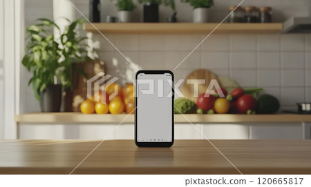 Modern smartphone with blank screen standing on wooden table in kitchen with various fruits and vegetables on counter in background, suggesting online shopping for groceries 120665817