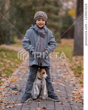 Caucasian boy walking with dog jack russell terrier in autumn park. 120665826