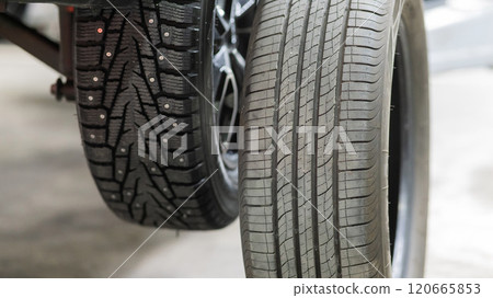 Comparison of old and new studded car tires.  120665853