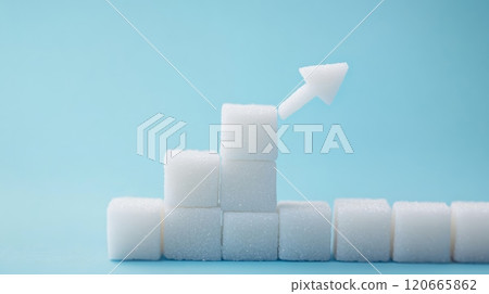 Ascending sugar graph on light blue background warns of health risks from excessive sugar consumption 120665862