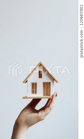 Hand cradles a small wooden house model, symbolizing home, real estate, and security. This image captures dreams of family life and financial stability Hand cradles a small wooden house model, symbolizing home, real estate, and security. This image captures dreams of family life and financial stability 120665901