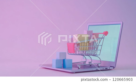 Miniature shopping cart full of colorful boxes coming out from a laptop screen with more boxes on the keyboard suggesting online shopping, e commerce and delivery 120665903