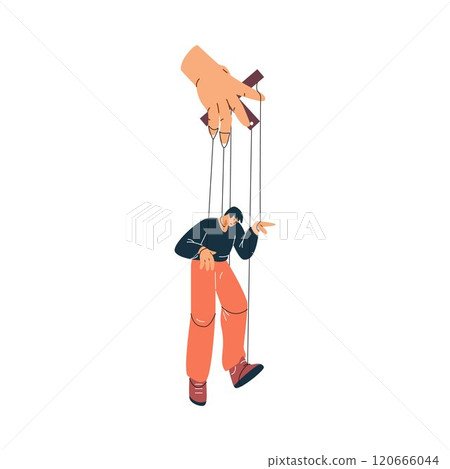 Vector cartoon depicting a puppet character with his hands and feet tied illustrates toxic communication. 120666044