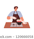Vector image soap making: a guy in gloves stirs a soap base on a stove 120666058