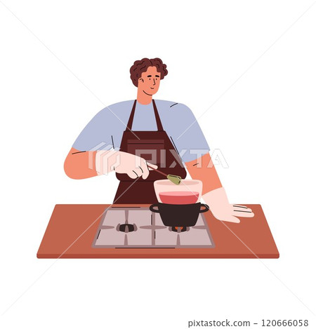 Vector image soap making: a guy in gloves stirs a soap base on a stove Vector image soap making: a guy in gloves stirs a soap base on a stove 120666058