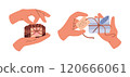 Set vectors illustrations of soap in hand, with labels, decorated with a lavender 120666061