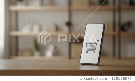 Modern smartphone displaying shopping cart icon is placed on wooden table in blurred living room, representing convenient online shopping and e commerce 120666075