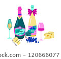 Vector icon of a picnic set with bottles of champagne and wine, glasses, cheese and grapes 120666077