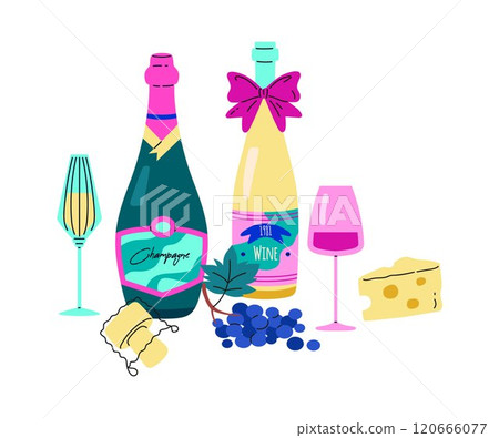Vector icon of a picnic set with bottles of champagne and wine, glasses, cheese and grapes Vector icon of a picnic set with bottles of champagne and wine, glasses, cheese and grapes 120666077