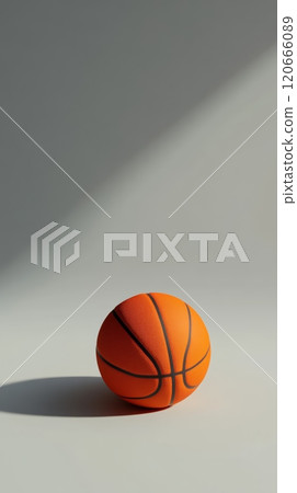 Orange basketball ball casting a shadow on grey surface with diagonal light beam creating a minimalist sports background 120666089