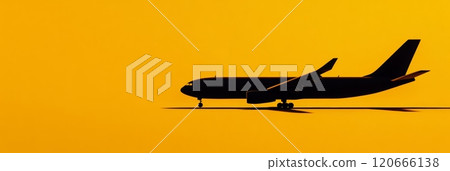 Silhouette of large airplane taxiing on vibrant yellow runway, perfect for travel and aviation concepts. Ideal for messages about holidays, business trips, or international travel 120666138