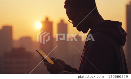 Silhouette of a young man using smartphone with social media app icons at sunset with city skyline in background, concept of technology and social media Silhouette of a young man using smartphone with social media app icons at sunset with city skyline in background, concept of technology and social media 120666239