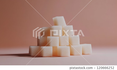 White sugar cubes arranged in a pyramid shape on a pink background, symbolizing the concept of sugar intake and its impact on health and lifestyle choices 120666252