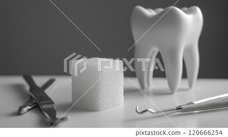 Dental instruments lying near a sugar cube and a tooth model represent the importance of sugar reduction for healthy teeth and a low sugar lifestyle 120666254