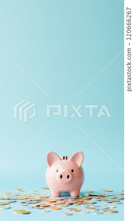 Pink piggy bank standing on a pile of various coins over a light blue background representing saving money, investment, and finance 120666267