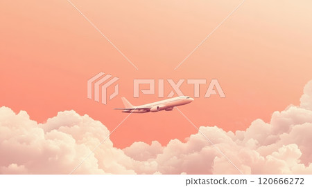White airplane soars above fluffy clouds in a peach colored sky, evoking freedom and wanderlust, perfect for travel and exploration 120666272