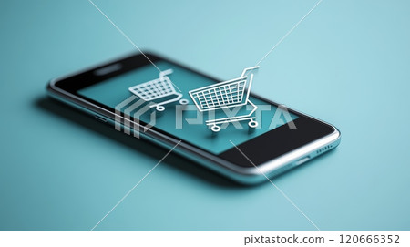 Two shopping cart icons hover above a smartphone screen on a teal background, representing the concept of online shopping and e commerce Two shopping cart icons hover above a smartphone screen on a teal background, representing the concept of online shopping and e commerce 120666352