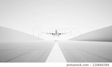 Large passenger airplane is descending towards the runway with its landing gear down. The image is a white background 120666366