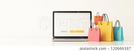 Colorful shopping bags are placed near a laptop displaying an online shopping website, representing the concept of e commerce and online shopping Colorful shopping bags are placed near a laptop displaying an online shopping website, representing the concept of e commerce and online shopping 120666387