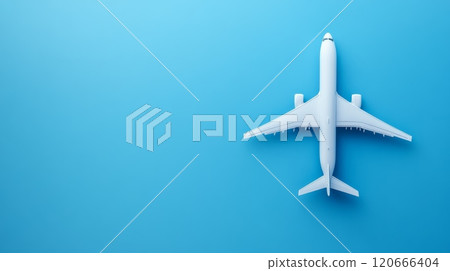 Minimalist photo of a white airplane model on a blue background, suggesting concepts like travel, tourism, and air transport 120666404