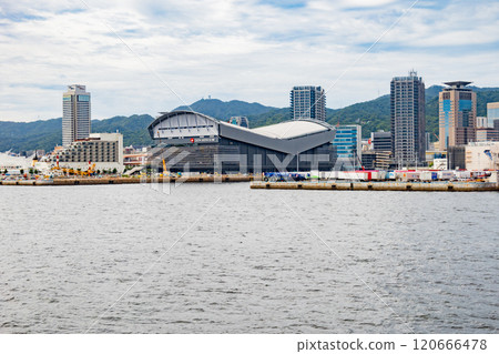 Kobe Port - New arena under construction at Meriken Park and Kobe city as seen from a sightseeing boat 120666478