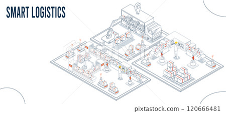 Smart Logistics automation systems featuring autonomous robots and AGVs optimize material handling through sensor-equipped navigation and intelligent item processing. Vector illustration EPS 10 120666481