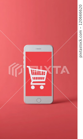 White smartphone displaying shopping cart icon on red screen symbolizes online shopping, e commerce, and mobile commerce trends in retail and consumer behavior White smartphone displaying shopping cart icon on red screen symbolizes online shopping, e commerce, and mobile commerce trends in retail and consumer behavior 120666620
