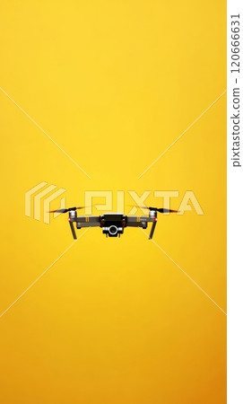 Quadcopter drone with camera hovering against vibrant yellow backdrop, representing aerial photography, videography, and innovative technology Quadcopter drone with camera hovering against vibrant yellow backdrop, representing aerial photography, videography, and innovative technology 120666631