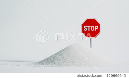 Red stop sign standing on pile of sugar granules represents sugar reduction, no added sugar, low sugar lifestyle, and raises awareness about dangers of excessive sugar intake 120666643