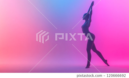 Female dancer strikes a graceful pose against a vibrant, gradient backdrop of pink and blue, her silhouette highlighted by the colorful lighting 120666692
