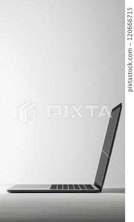 Modern, slim laptop stands on a light wooden desk against a plain white wall, creating a minimalist and professional workspace perfect for focused work 120666715