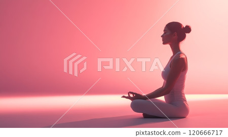 Young woman practicing yoga, meditating in lotus pose, with closed eyes and pink light, on a pink background, finding inner peace and mindfulness 120666717