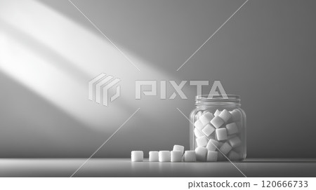 Promoting a sugar free lifestyle, a glass jar overflows with refined sugar cubes, symbolizing the excessive consumption and potential health risks associated with added sugars 120666733