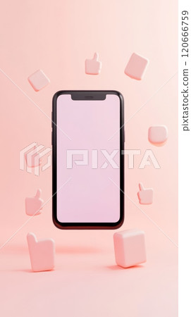 Smartphone with blank screen is surrounded by floating like icons on a soft pink background, representing social media marketing, app engagement, and positive feedback 120666759