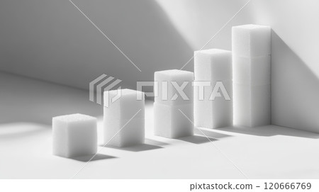 Stacked white sugar cubes form a graph, highlighting sugar consumption risks and promoting awareness of sugar free lifestyles 120666769