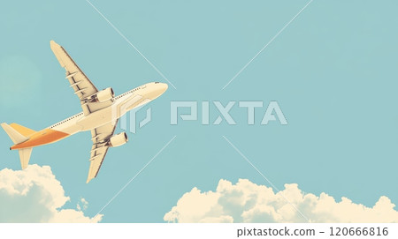 White and orange airplane soars in the sky, leaving a trail of clouds, evoking freedom and adventure. Perfect for travel concepts, the vintage look adds nostalgia White and orange airplane soars in the sky, leaving a trail of clouds, evoking freedom and adventure. Perfect for travel concepts, the vintage look adds nostalgia 120666816