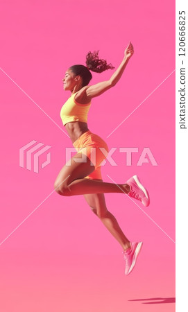 Female athlete with toned physique is captured mid air, showcasing power and agility against a vibrant pink backdrop, her dynamic pose suggesting a sense of freedom and athleticism 120666825
