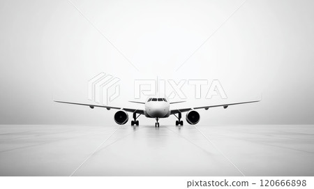 White passenger airplane is standing on an airport runway with a white background. The image evokes a sense of minimalism and possibility 120666898