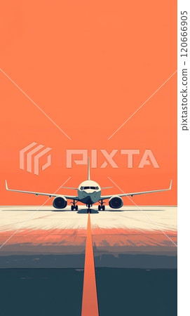 White airplane is standing on a runway with an orange sky in the background, evoking a sense of wanderlust and adventure 120666905