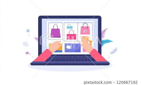 Hands reaching out of laptop screen selecting items in online store, representing convenient and modern e commerce shopping experience Hands reaching out of laptop screen selecting items in online store, representing convenient and modern e commerce shopping experience 120667192