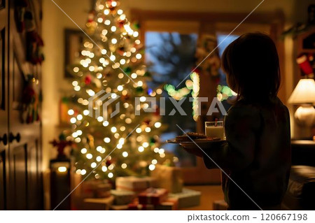 Child with Milk and Cookies by Christmas Tree Child with Milk and Cookies by Christmas Tree 120667198
