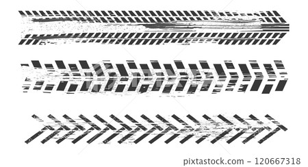 Tyre mark car or bike wheel trace, grunge textured trail silhouette. Top view, print brush stroke dirt. Speed rally dirty rubber path. 120667318