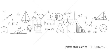 Math doodle hand drawn border, with formula, geometric shapes, chalk texture. School science lesson. Study seamless illustration. Math doodle hand drawn border, with formula, geometric shapes, chalk texture. School science lesson. Study seamless illustration. 120667329
