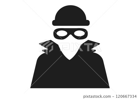 Incognito icon, mystery secret spy or detective silhouette, figure with hat glass or mask. Anonymous invisible character figure.  120667334