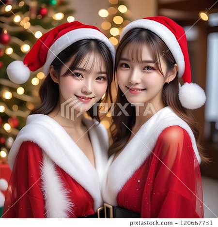 Group of beautiful young women dressed in Santa Claus clothes Christmas decoration background Christmas image AI generated 120667731