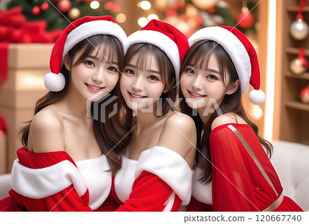 Group of beautiful young women dressed in Santa Claus clothes Christmas decoration background Christmas image AI generated Group of beautiful young women dressed in Santa Claus clothes Christmas decoration background Christmas image AI generated 120667740